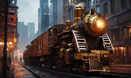 a steam powered train riding on the tracks in the city,a steam engine train moving through an urban area