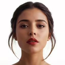 a woman looking at the camera while she is wearing red lipstick