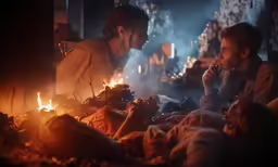 a person and a child sitting in front of a fire