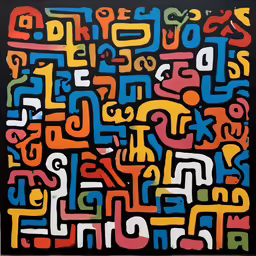 a painting with multi colored lettering and two figures on it
