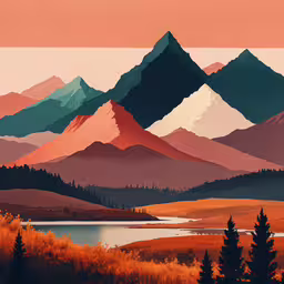 a photo of mountains and lake are shown in this image,a painting with an orange and pink hued mountain scene in the background