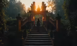 someone walking down a stair case outside at sunset