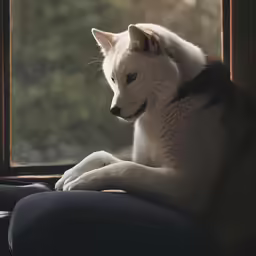 a husky dog sits in front of the window