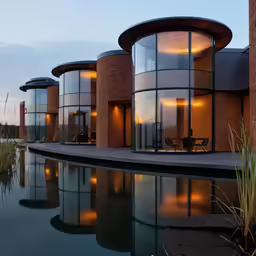 a building next to a pool at dusk