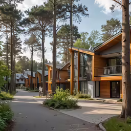 a view of the front of the resort with trees on the side