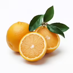 three oranges sitting together, with leaves on top of them