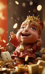 the character is standing in a pile of money