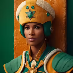 a woman dressed in medieval costume poses for the camera