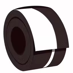 a roll of toilet paper sitting on top of a white surface,a pair of black, white and silver tapes,two rolls of cloth tape, both with one stripe,a roll of black tape with white adhesives on it,black and white tape with a white strip on the side