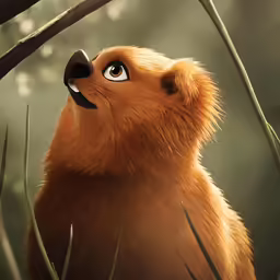 a brown furry animal looking up at a branch