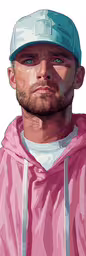 this is a portrait of a young man,a man with a pink hoodie is looking to his left