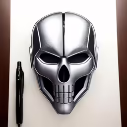 a mask that is on a table next to a pen