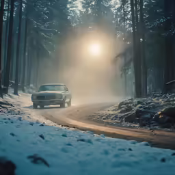 a truck driving on the road with its headlights on in the snow