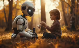 a little girl playing with a robot on the ground