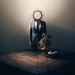 the man stands next to an old clock