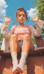 a young girl with her hands in the air sitting on a wooden bench