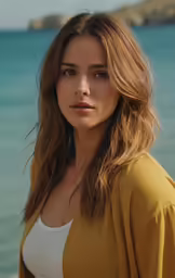 a girl is posing in front of the water