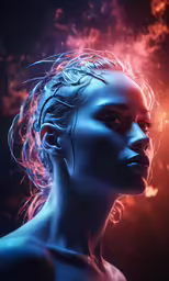 an artistic portrait with neon lights and a space background