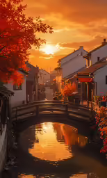 there are many buildings along the river and a bridge