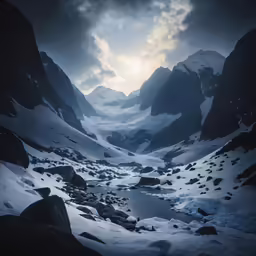 dark sky and snow covered mountain tops, with sun beaming in