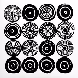 a black and white poster with various designs,black and white artwork depicting large circular shapes