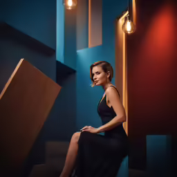 the woman is sitting on a large wooden structure