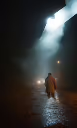 a person walking in the rain at night with lights shining