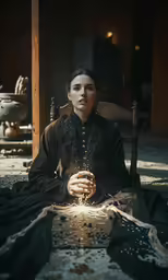 a woman with black clothing is sitting on the floor