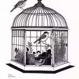 a black and white illustration of birds perched on top of a cage,a drawing of birds sitting in a cage while one is standing on a plant