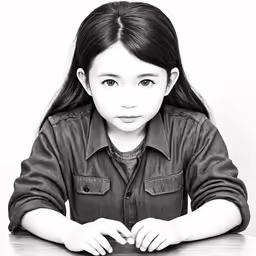 a young girl at a table wearing a shirt