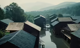 wooden buildings line the bank of a river