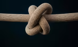 a knot made of fabric sits on a piece of wood