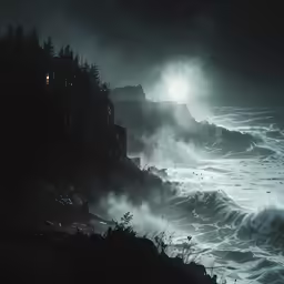 an overcast night, along a coastline with waves crashing into shore