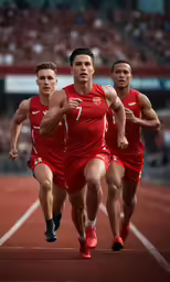 three men wearing red jerseys sprint across an outdoor track