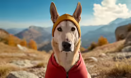 there is a dog that is in the wilderness looking straight ahead
