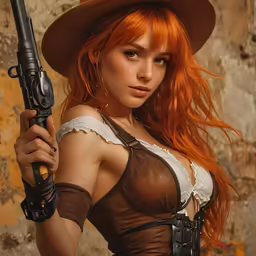 an attractive woman dressed in steam punk garb and with a gun