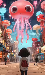 little girl looking at jellyfish hanging from strings in the air