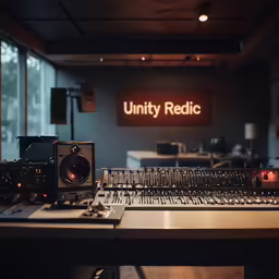 a recording desk that has multiple sound equipment sitting on it