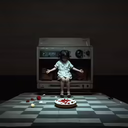 a girl sitting on a table with a cake in front of a microwave