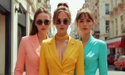 three women in bright suits are standing on a street