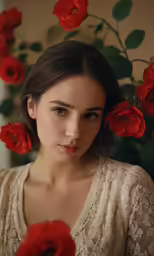 a woman with long hair is standing with red flowers