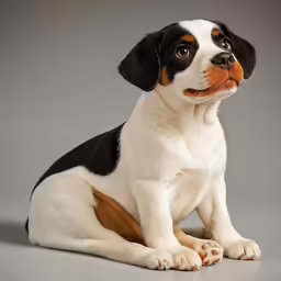 a brown and black dog sitting down looking into the distance