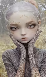 the girl has her hands under her face
