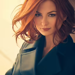 a beautiful young woman with red hair wearing a coat