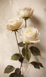 two white roses with green leaves against a wall