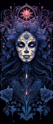 a digital painting with a mask on,an elaborate artwork of a woman with a skull on her face