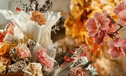 a bouquet of flowers sit inside of a vase on a table