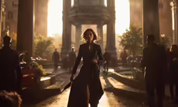 a woman with a gun walking through a city street
