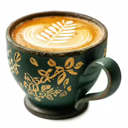 a cup filled with latte art that has a leaf motif