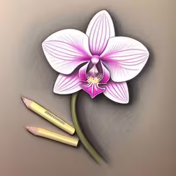 the drawing has been made with colored pencils,an artistic drawing of a flower and two pencils